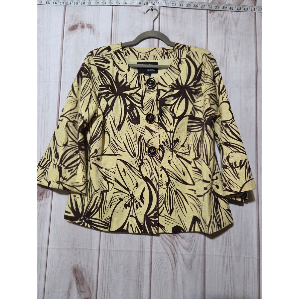 Classic Frenz Silk Blend Floral Blazer Jacket Yellow Brown Womens L 3/4 Sleeve